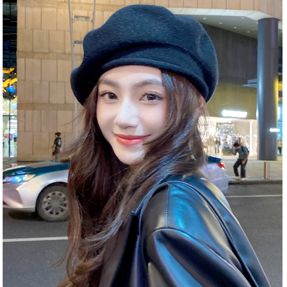 显脸小贝雷帽女秋冬百搭针织画家帽大头围复古蓓蕾帽子日系气质