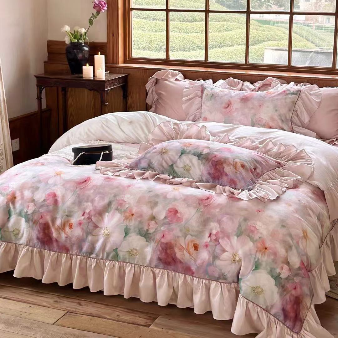  法式浪漫印花四件套裸睡丝滑花边被套床单