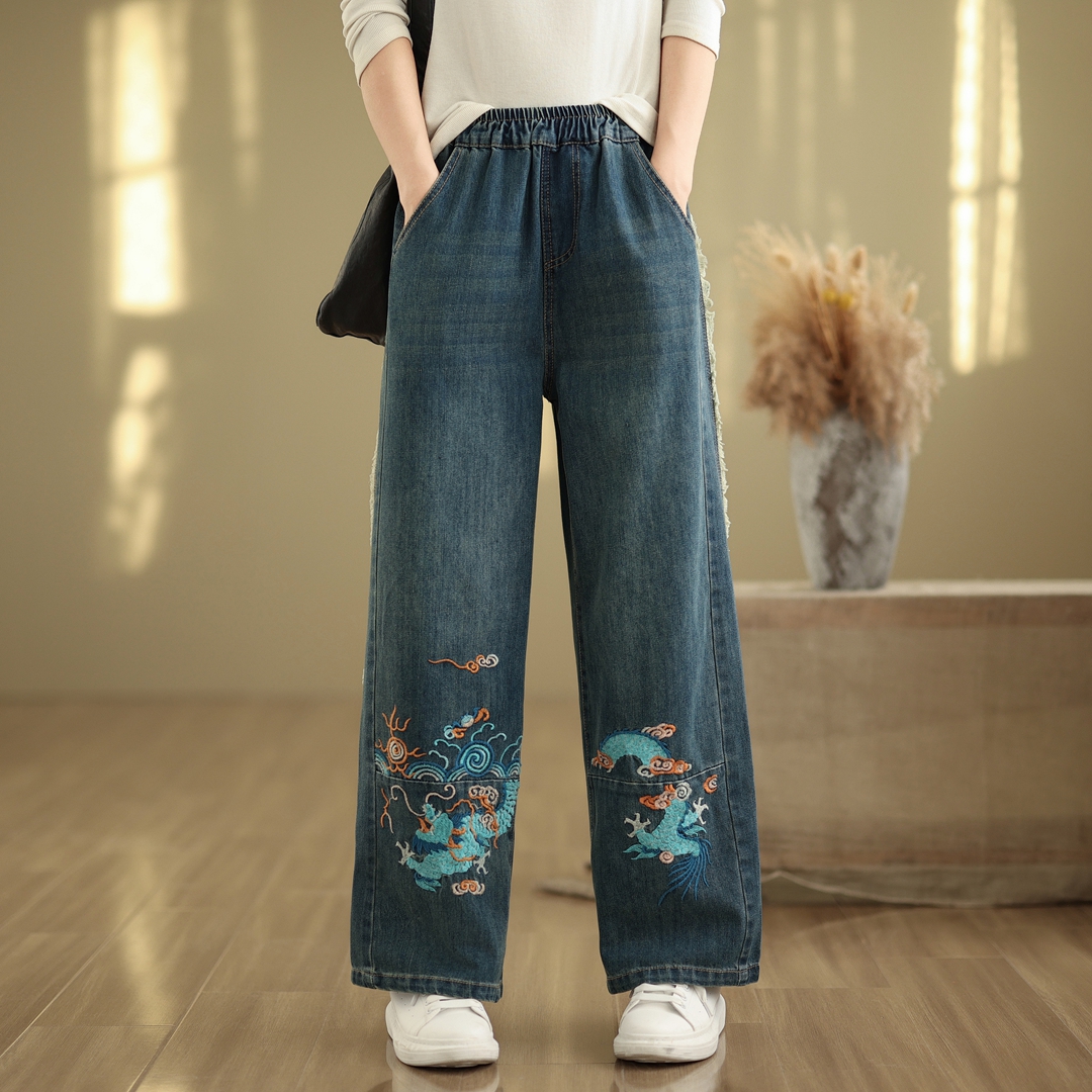 春秋季新款宽松重工刺绣拼接牛仔裤女款高腰显瘦大码松紧腰阔腿裤