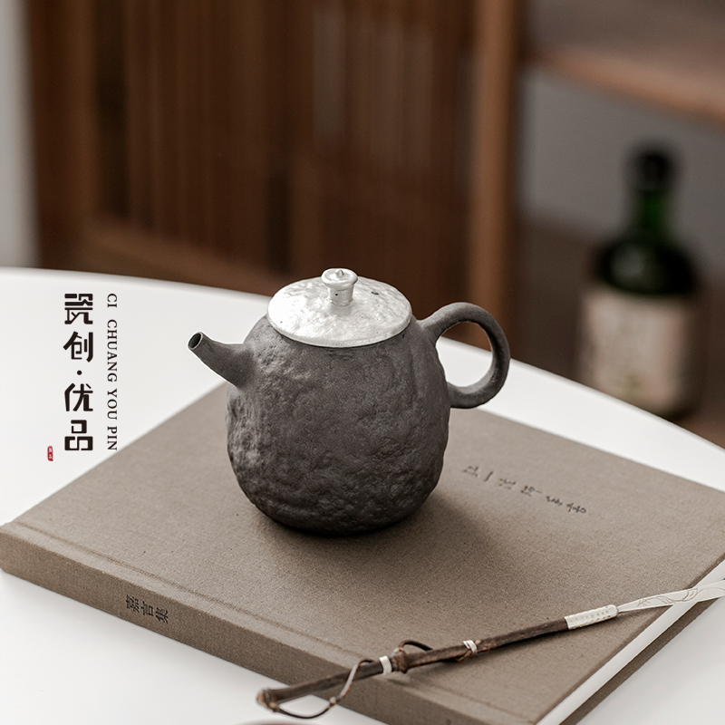复古家用茶壶简约中式功夫茶具石纹手抓壶创意陶瓷鎏银泡茶壶单壶