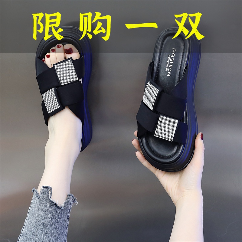 达芙妮沿荐拖鞋女夏外穿2023新款爆款水钻凉拖仙女风厚底增高一字