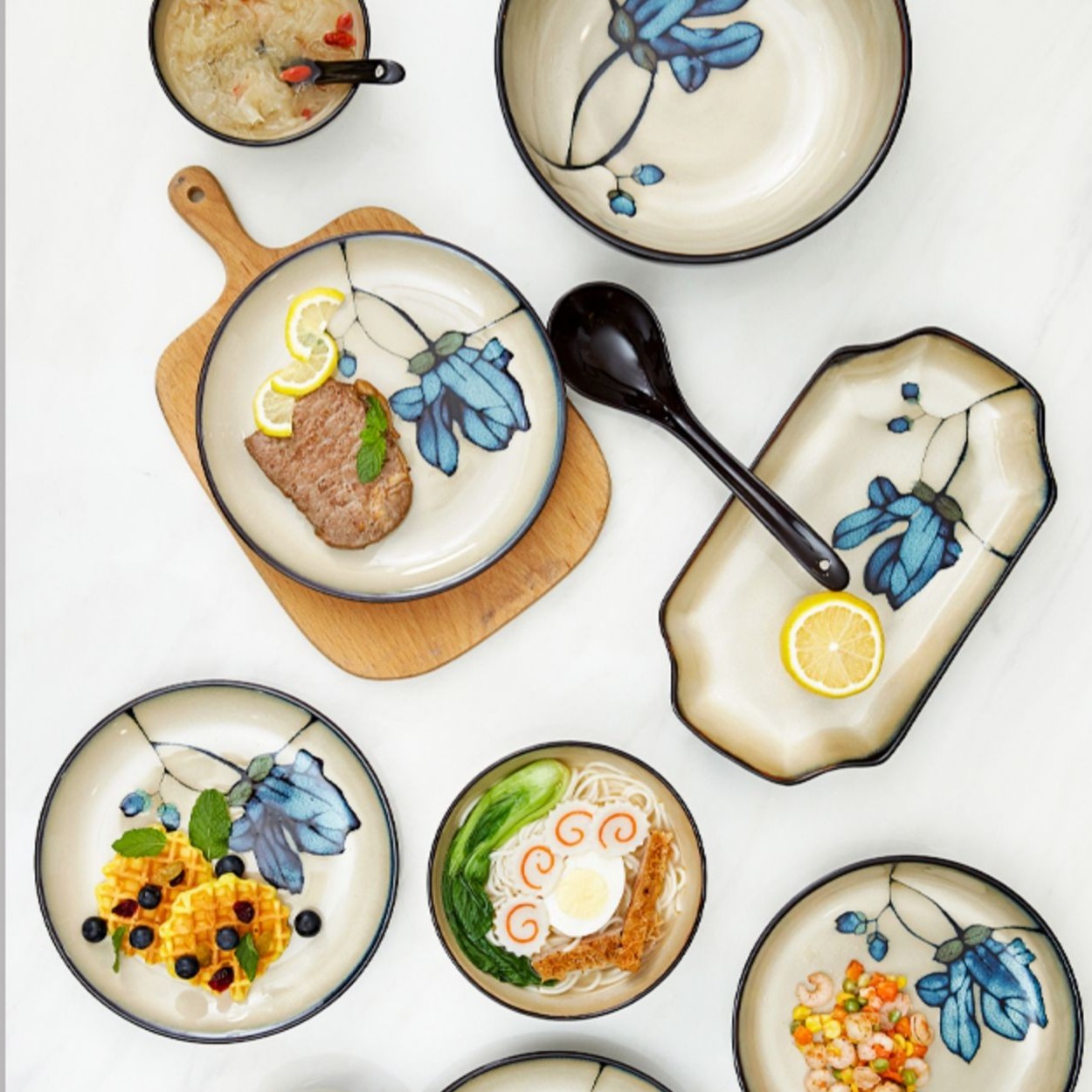 玉泉烟岚中式米饭碗汤碗深盘平盘异形盘加厚防烫家用创意陶瓷餐具