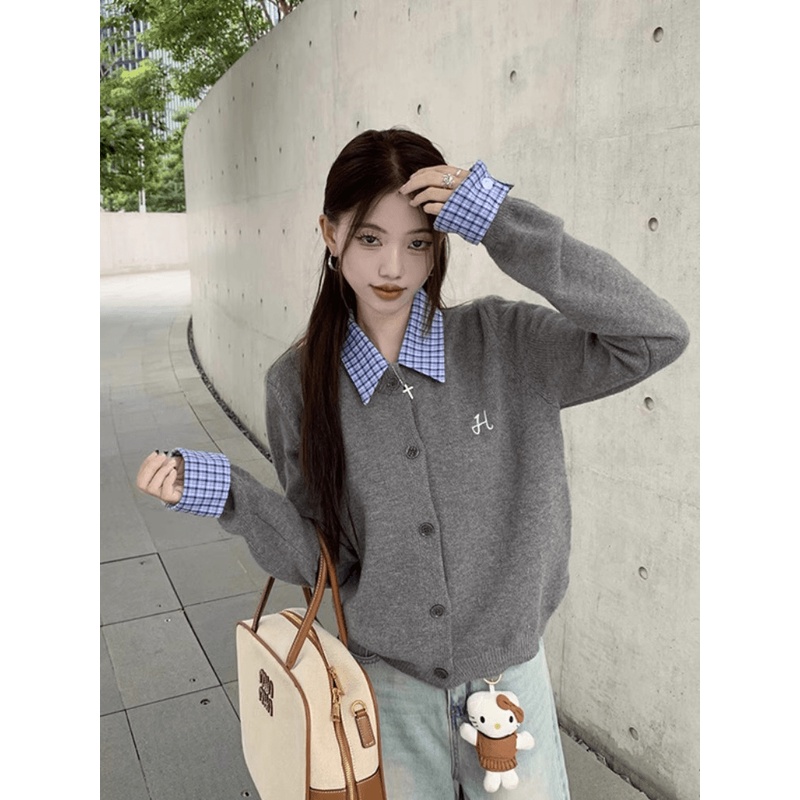 学院风复古拼接假两件针织毛衣开衫女秋冬设计感小众短款翻领上衣