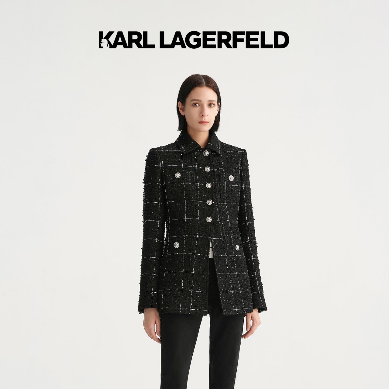 KARL LAGERFELD卡尔拉格斐秋中长款四袋撞色格纹花呢外套E36W15D5