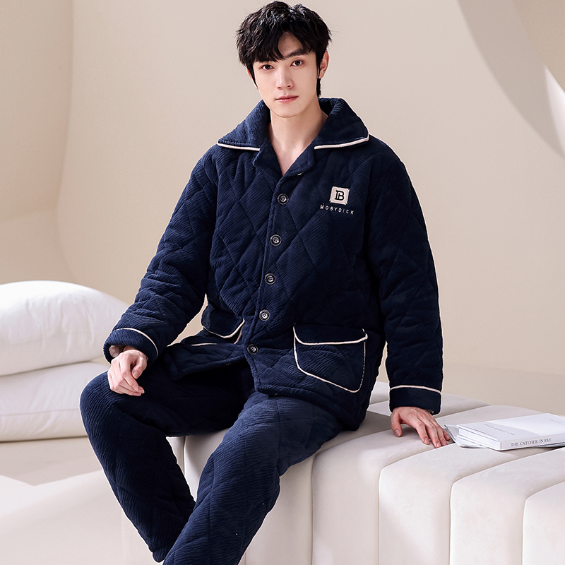 LMSJ秋冬季男士三层加厚珊瑚绒夹棉保暖加绒法兰绒家居服套装