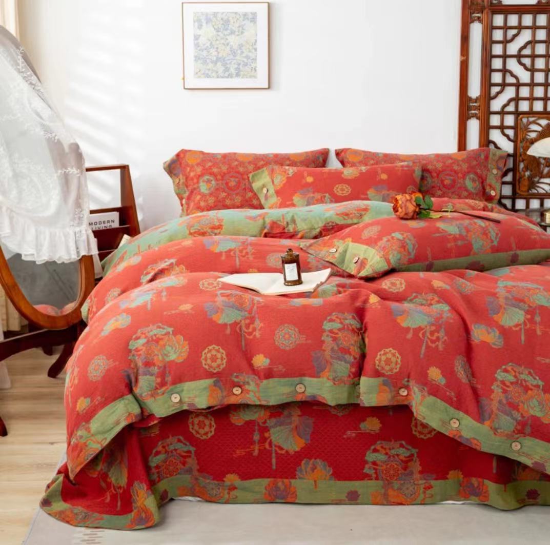 【莲年有鱼四件套】轻奢加厚全棉精梳双层纱A类母婴级四件套