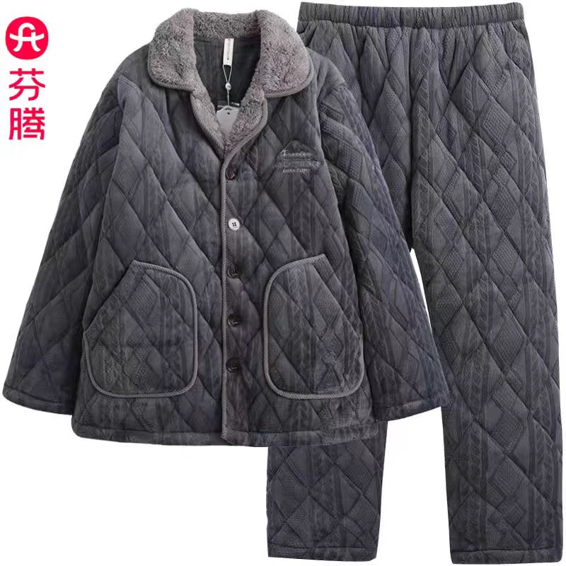 芬腾新品冬季三层夹棉加厚加绒保暖开衫棉袄休闲男士家居服套装