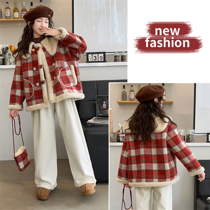 巴拉童年女童加绒外套秋冬款儿童格子毛呢大衣女孩冬装羊羔绒皮毛