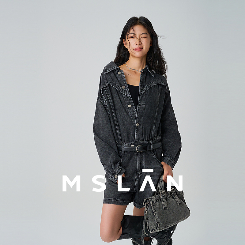 MSLAN商场同款新款设计感复古连体套装牛仔连体短裤 MECA4201