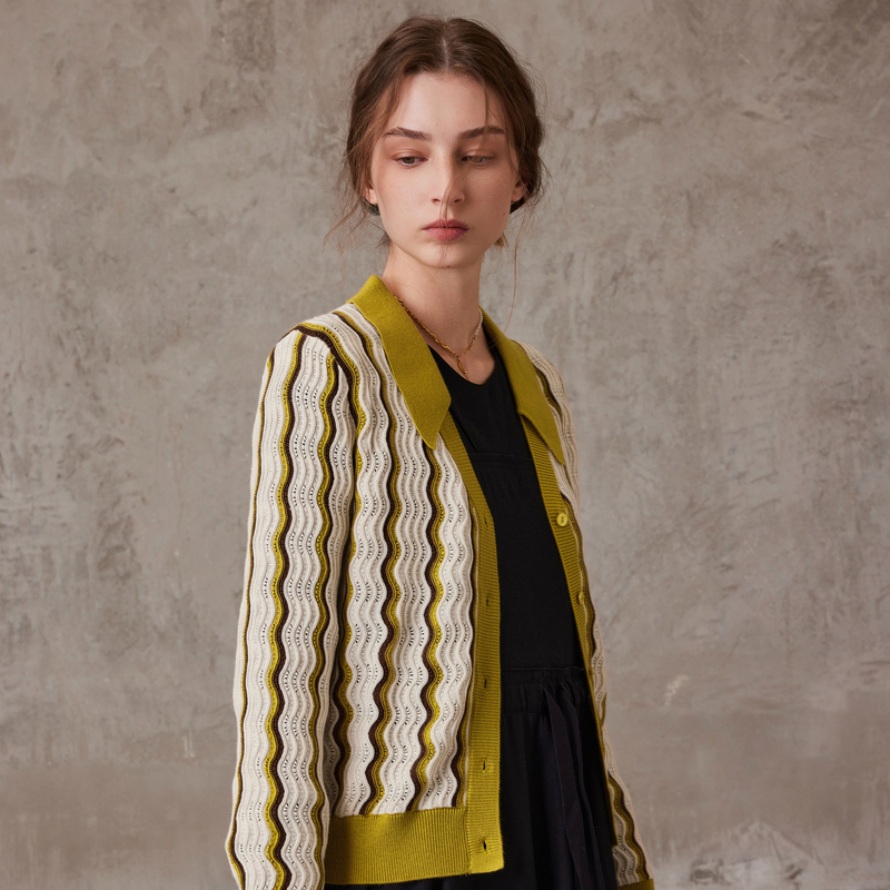 MSLAN【薄荷曼波】新款休闲百搭波浪条纹绵羊毛针织开衫女 MFAV2203