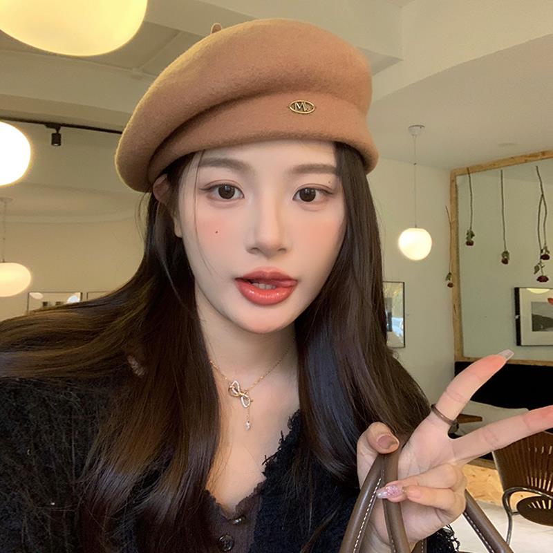 高品质羊毛呢贝雷帽女秋冬2023新款大头围百搭纯色显脸小画家帽子