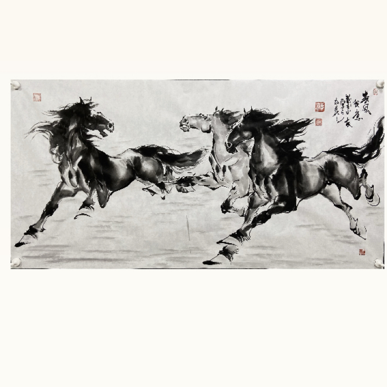 水墨写意《春风得意》三骏马图作品喜欢