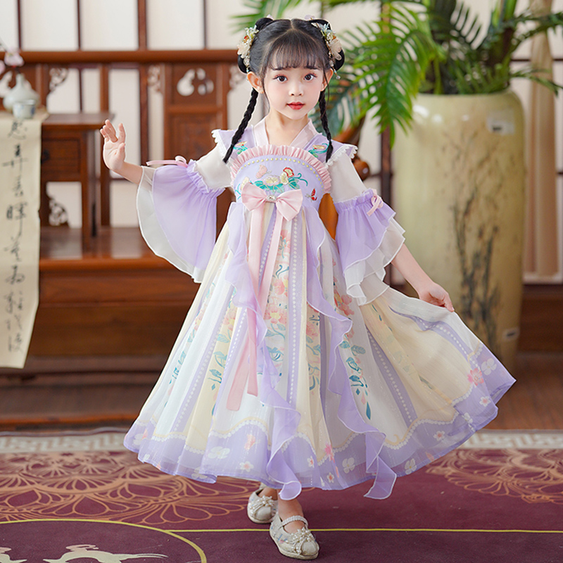 女童2025年汉服夏季古风薄款唐装小女孩仙气时尚民族表演连衣裙