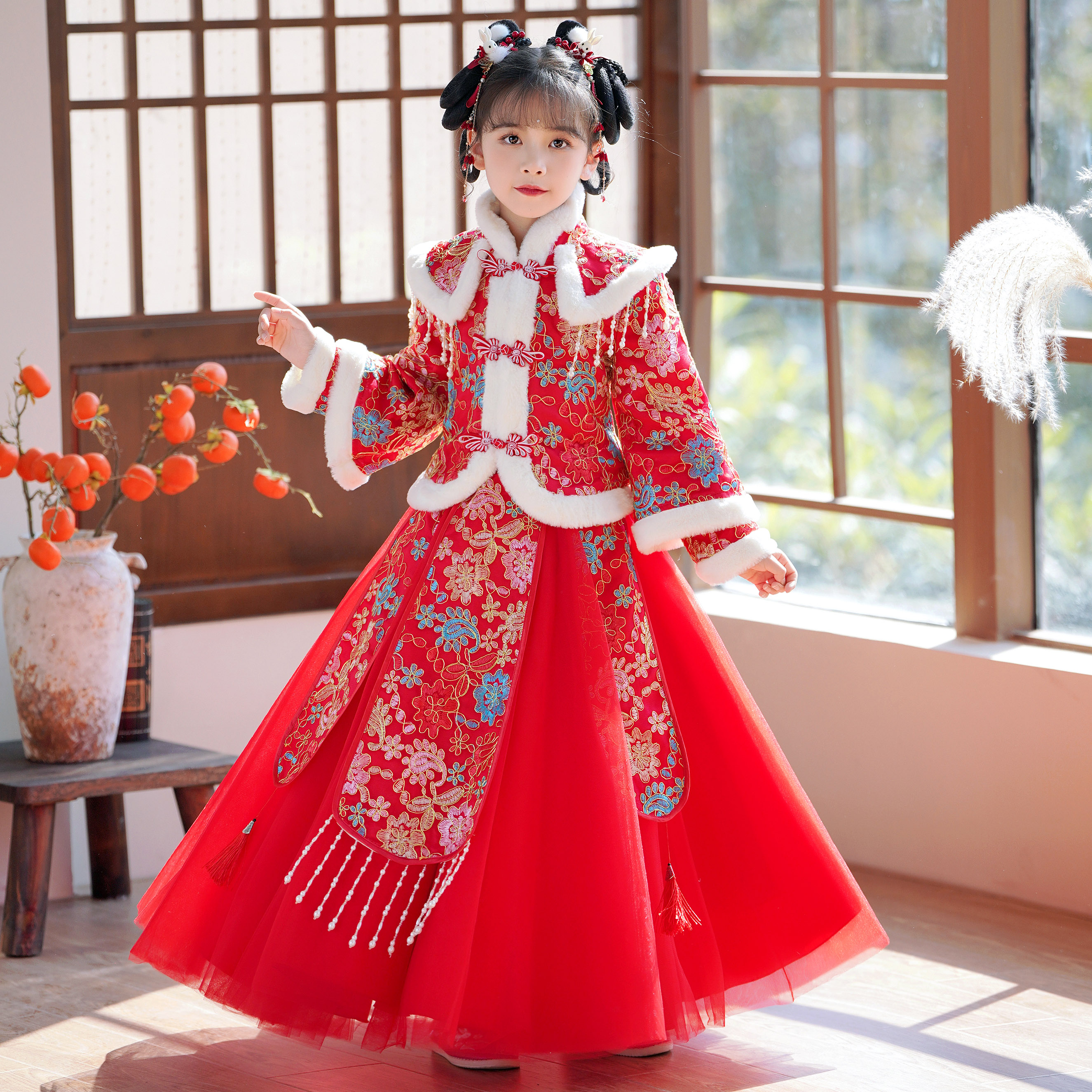 女童拜年服冬季加绒套装中国风汉服唐装洋气喜庆公主裙