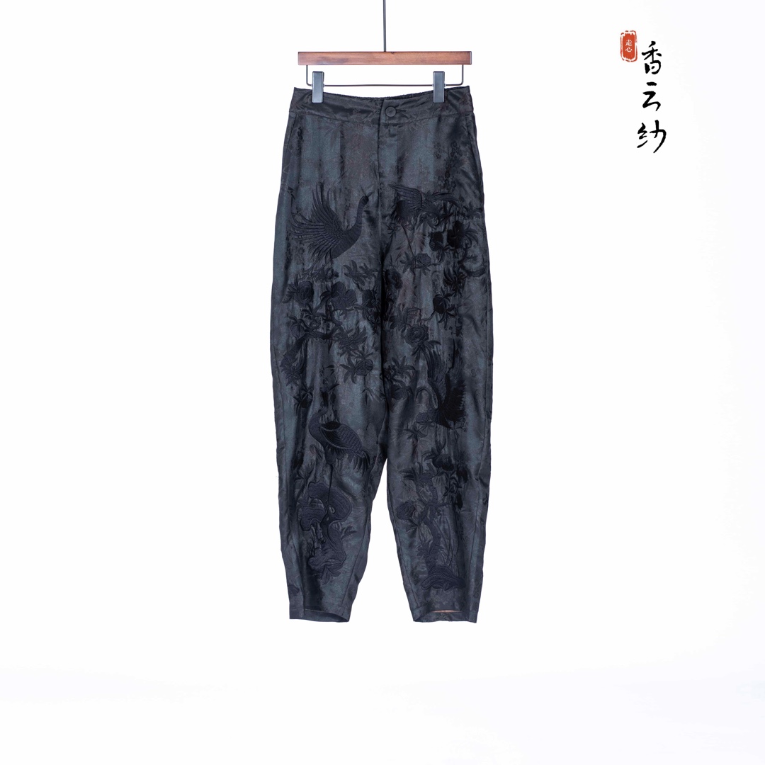【走心非遗】香云纱山鸟满绣系列休闲裤22ZKZ2796重磅刺绣桑蚕丝