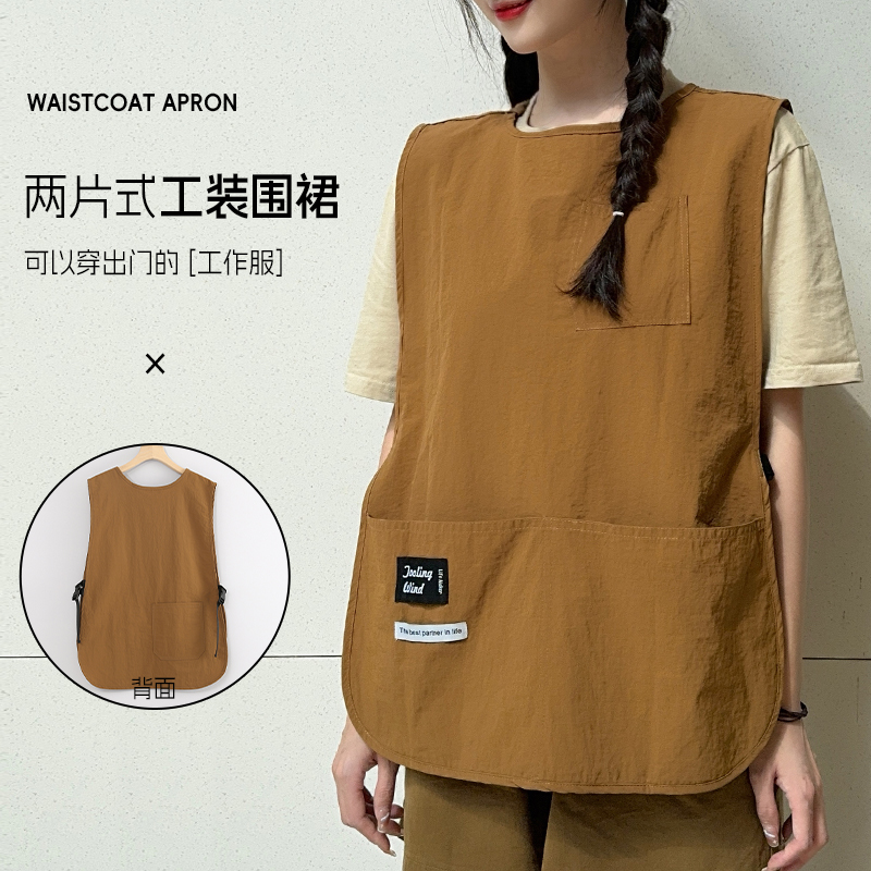 时尚工装马甲围裙文艺简约圆领无袖夏季薄款轻薄透气年轻人工作服