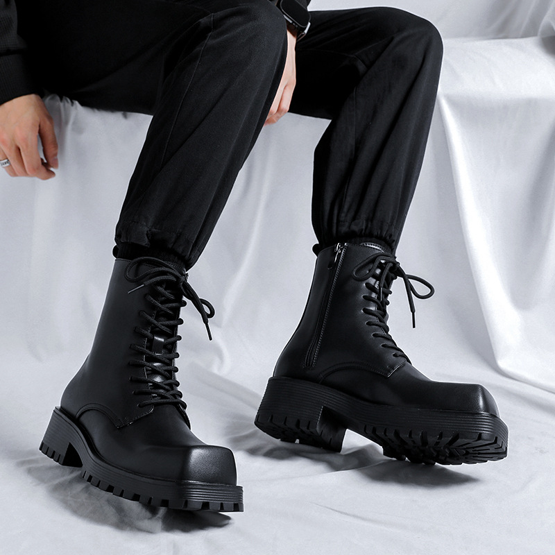 2025年方头男厚底马丁靴百搭短靴小众齿轮底切尔西靴时尚潮流款式