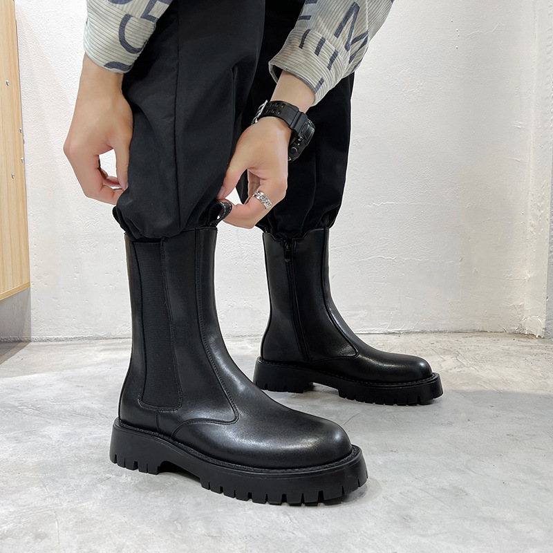 2025年秋冬季青年圆头高帮高筒厚底时尚男低跟切尔西靴时尚百搭