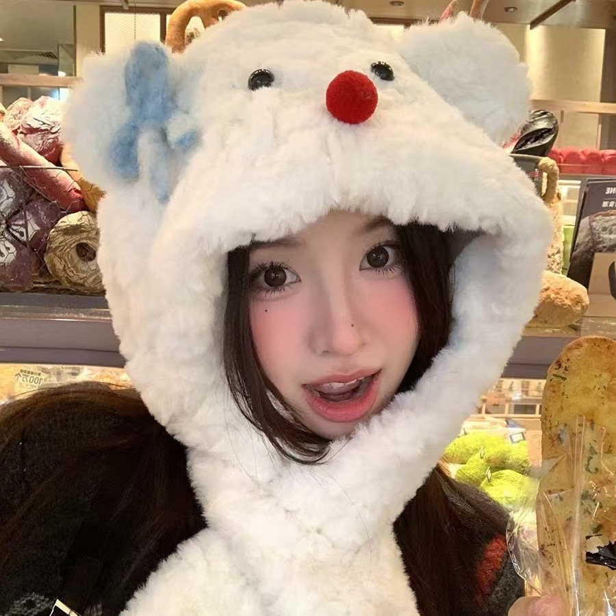 蝴蝶结卡通小熊加厚雷锋帽秋冬帽子围脖一体护耳帽可爱套头帽子