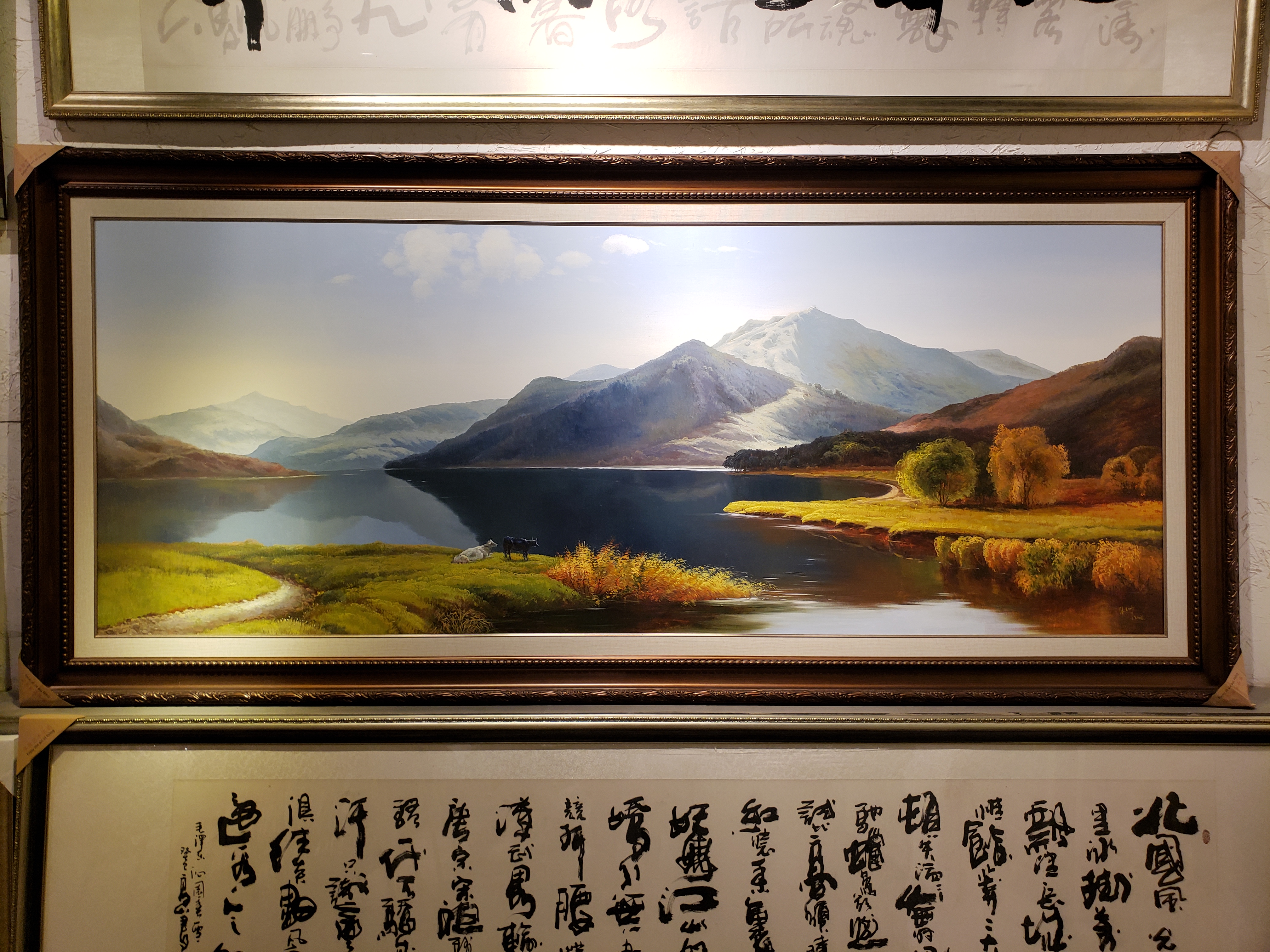原创手绘风景油画 沙发背景装饰画带框尺寸133*293cm