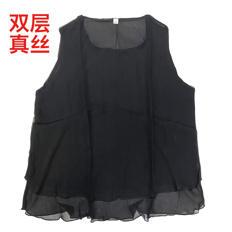 双层真丝夏季透气舒适宽松上衣纯色黑色打底衫女士桑蚕丝无袖背心