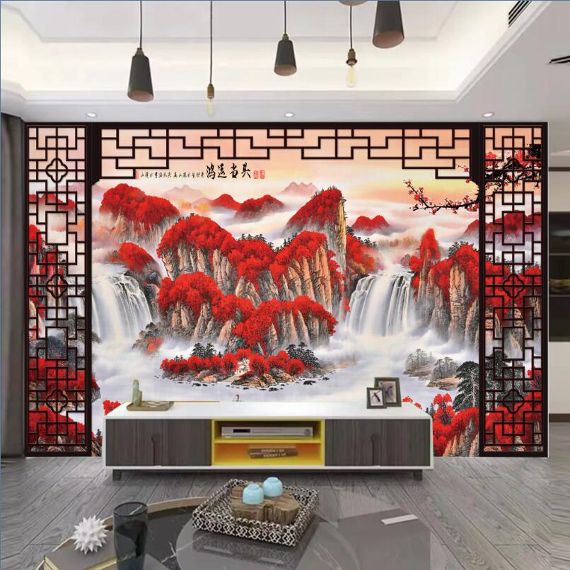 中式古典大气鸿运当头山水画布料3D 9D 18D无缝立体背景墙壁画