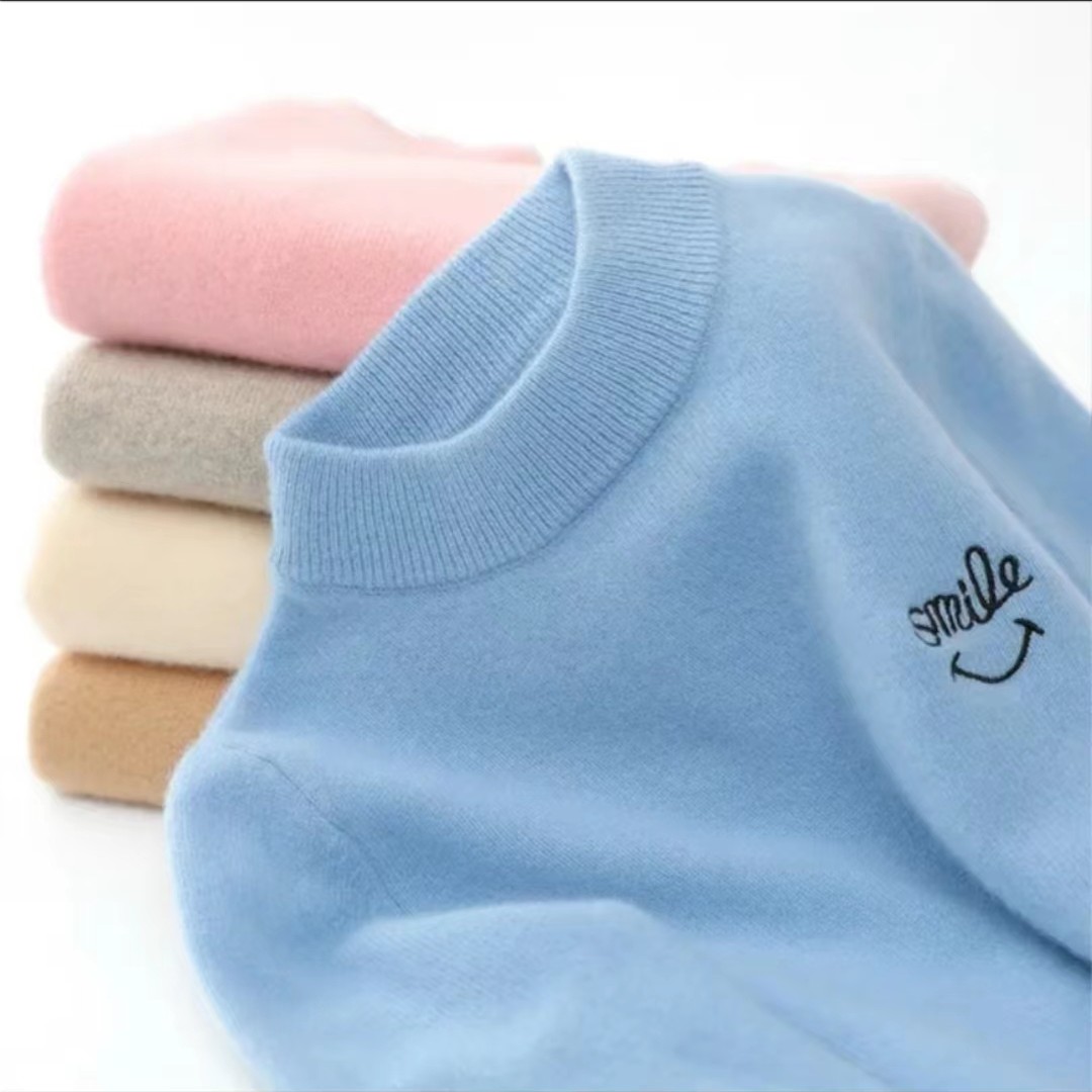 新品刺绣半高领100纯羊绒衫儿童薄款针织衫圆领打底衫保暖毛衣冬