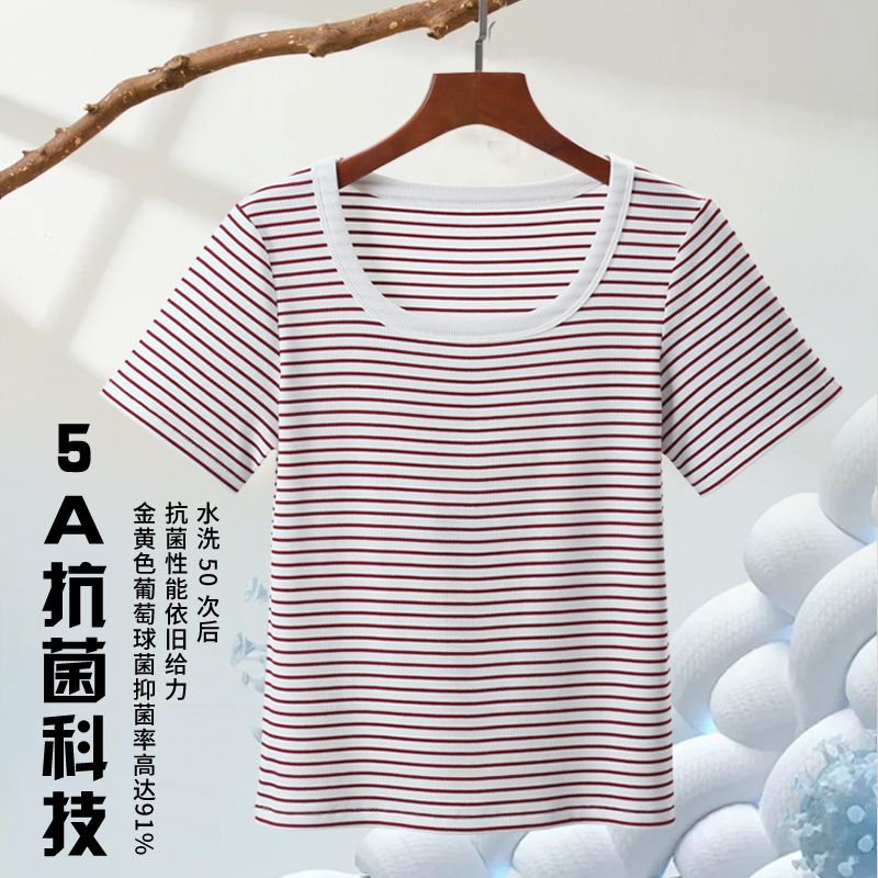 【福利款】夏季女士方领条纹短袖棉T短袖小衫螺纹T时尚修身显瘦短款