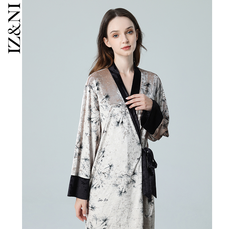 IIZZINI 春秋睡衣女长袖金丝绒国风水墨韦陀花奢华家居服套装