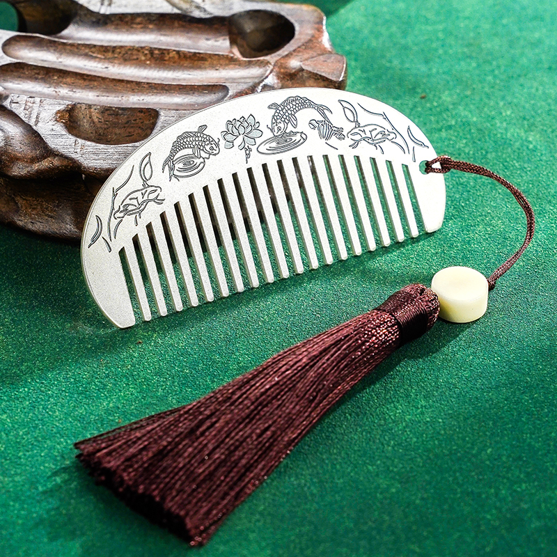 九乐 足银银制品 999双鱼荷花梳发饰素款古风插梳中式古朴典雅