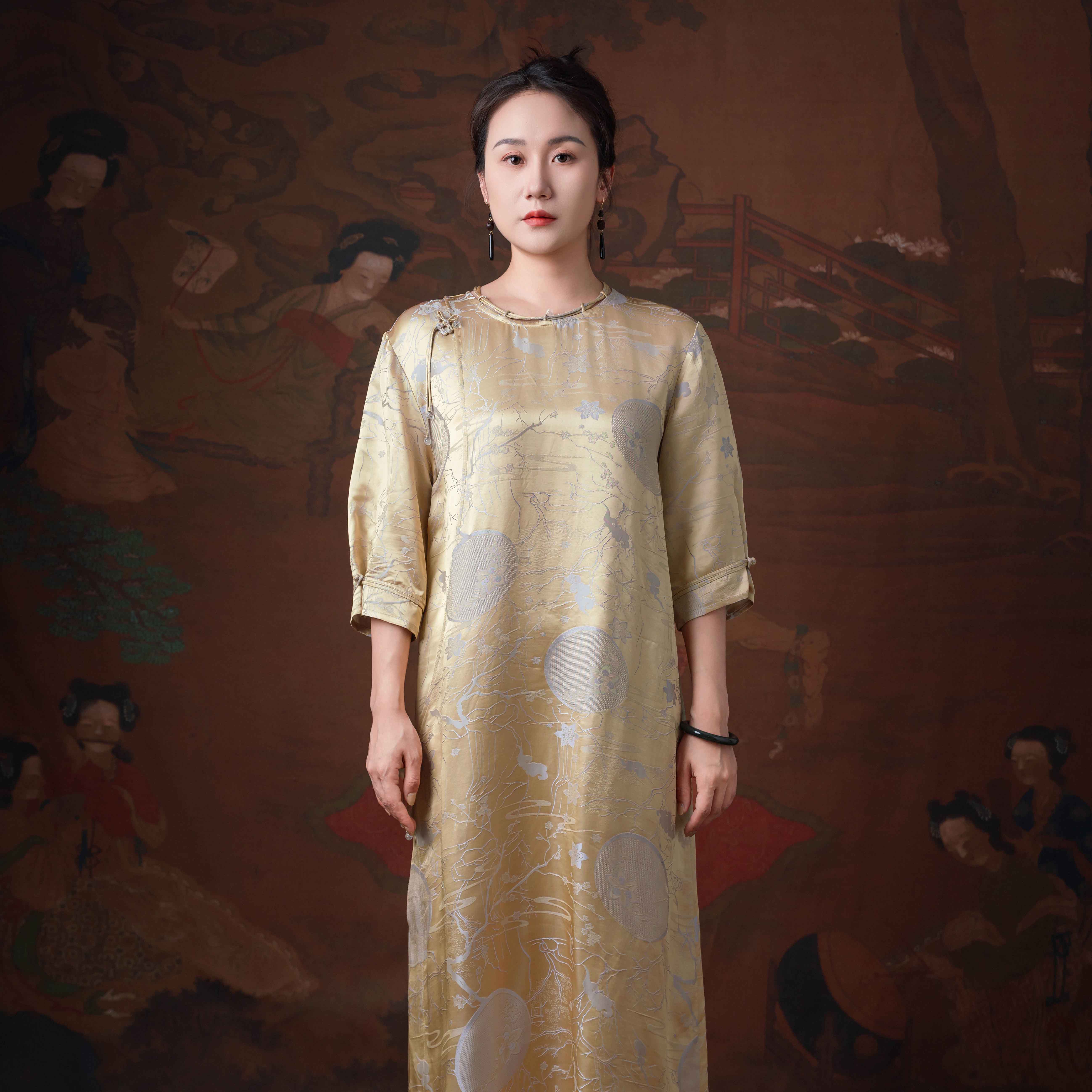 清影丨2024新中式真丝提花圆领袍气质女装夏季连衣裙
