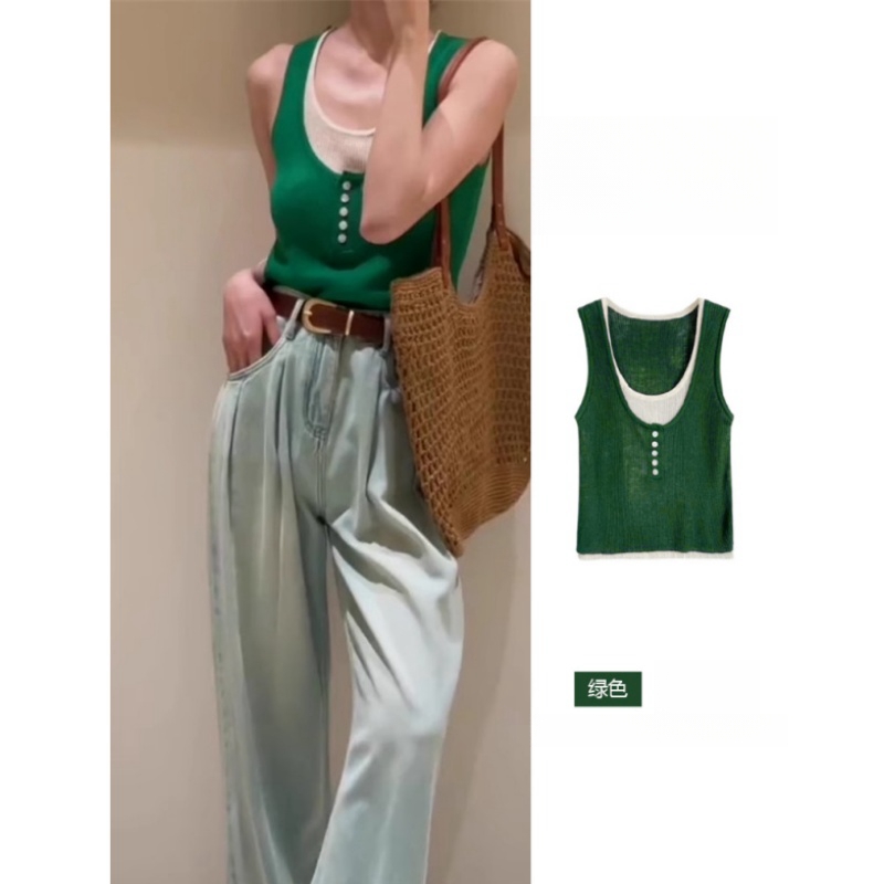 法式绿色U领针织无袖坎肩背心女夏季薄款假两件短款冰丝吊带上衣