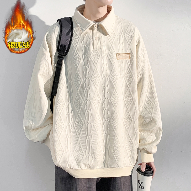 polo衫男长袖秋冬款翻领贴标银狐绒国潮宽松潮牌提花polo衫男卫衣