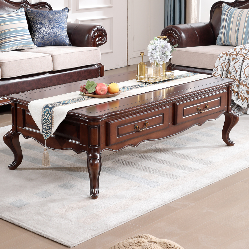 美式长方形茶几客厅简约实木轻奢复古家用储物柜玻璃长茶几小方几