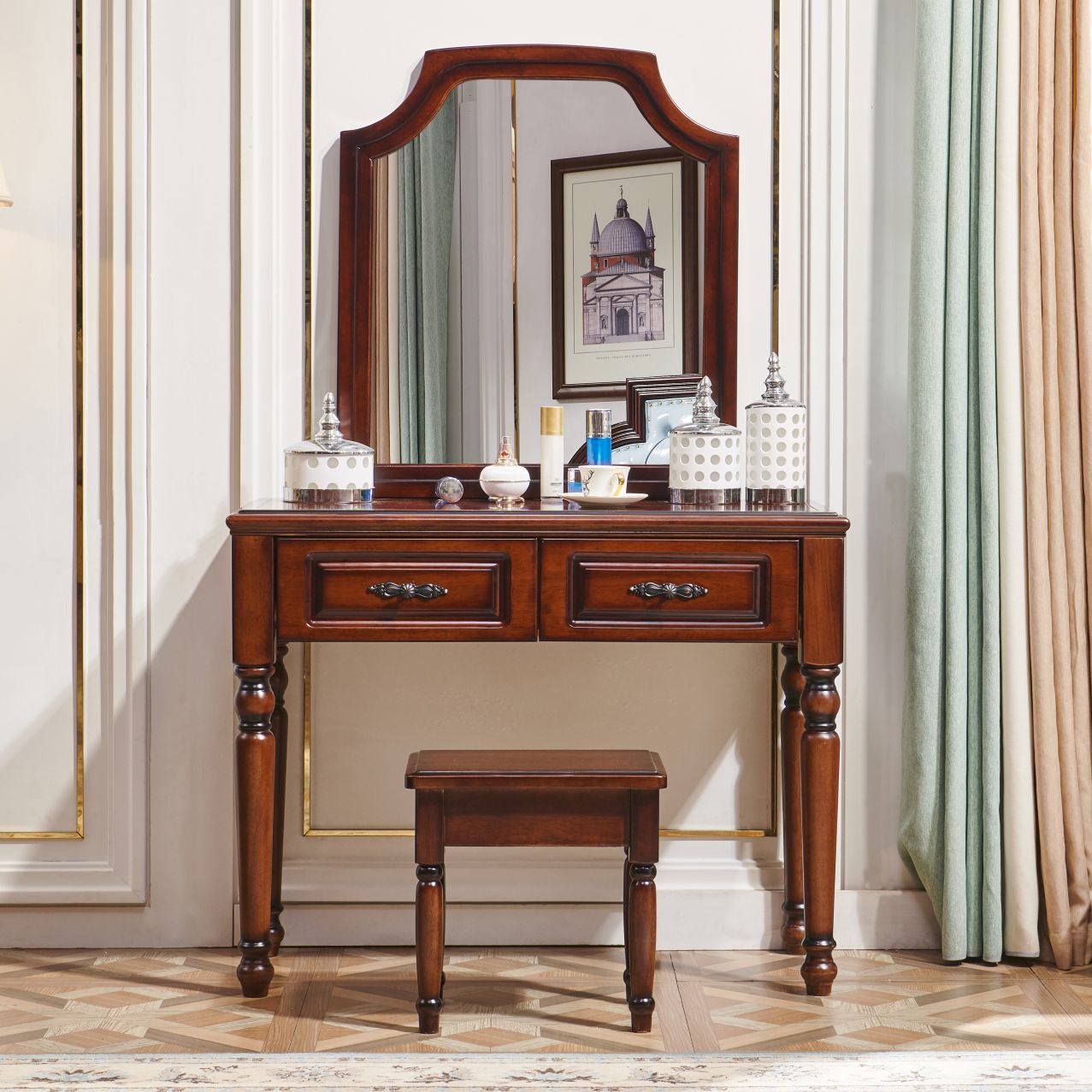 美式乡村复古梳妆台家用现代简约化妆桌小户型带妆镜梳妆台化妆台