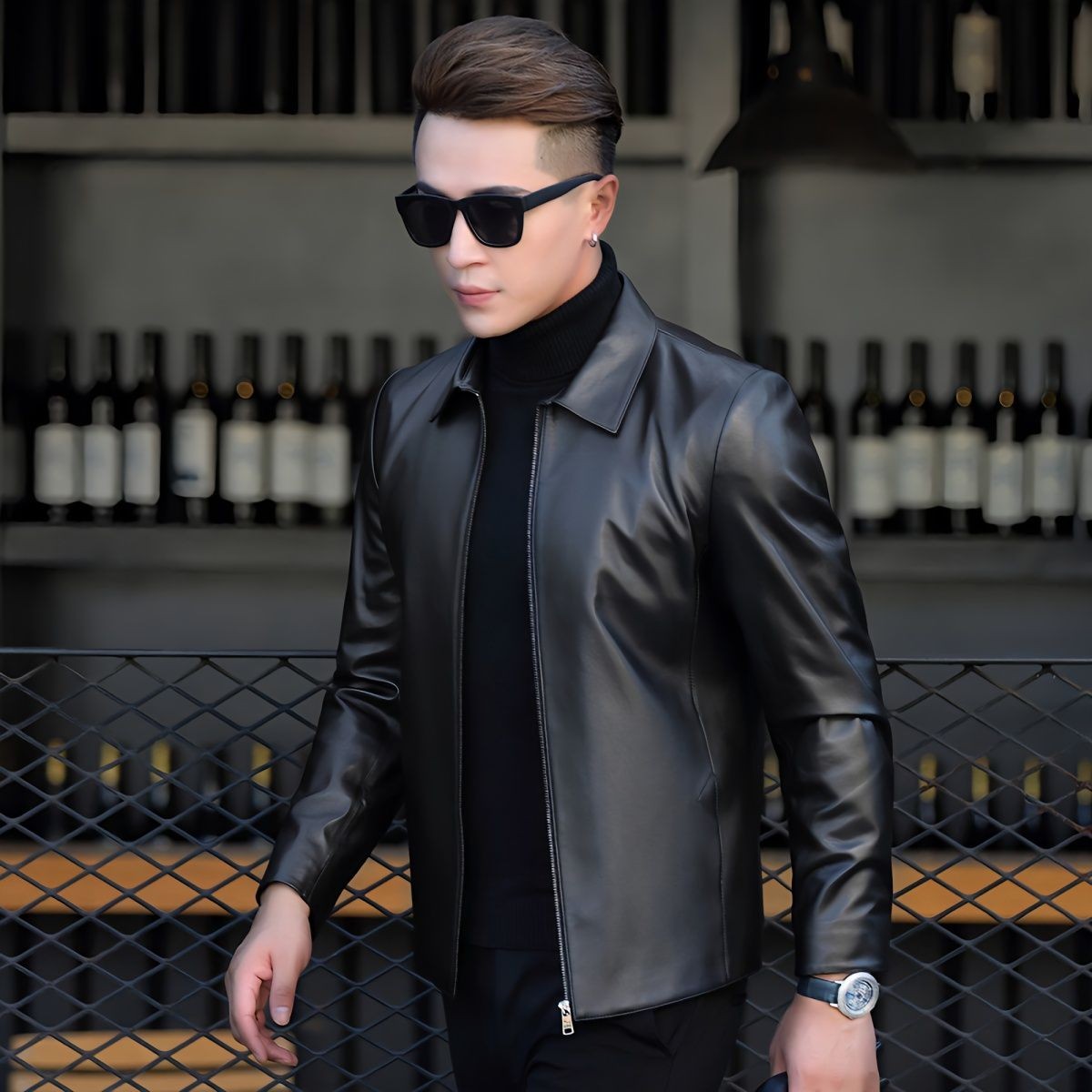 2023春秋新款海宁绵羊皮真皮皮衣男士翻领韩版修身潮流中青年外套