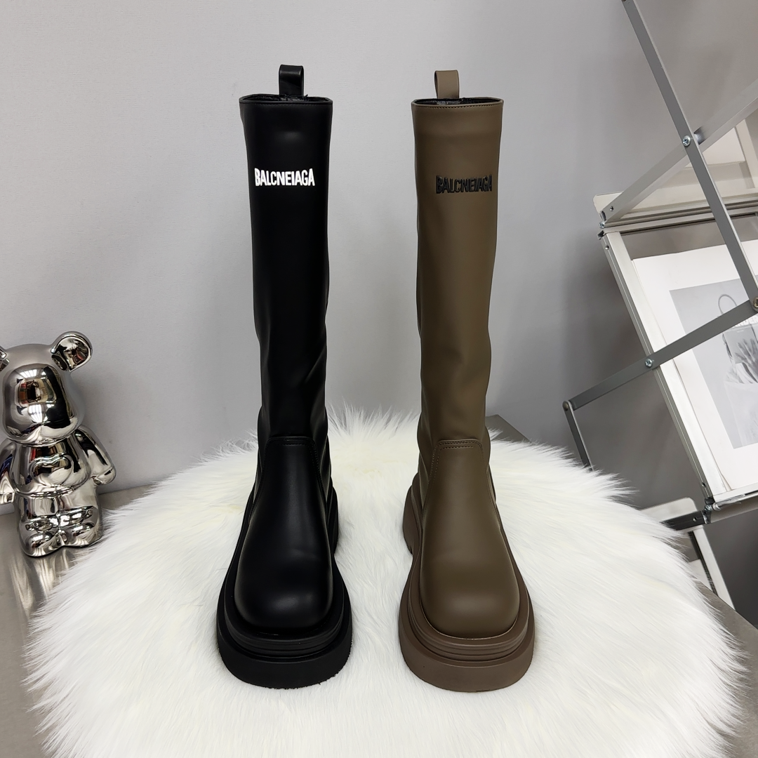 巴黎同款~不过膝中高筒长单靴女2024春秋百搭黑色厚底中筒骑士靴.