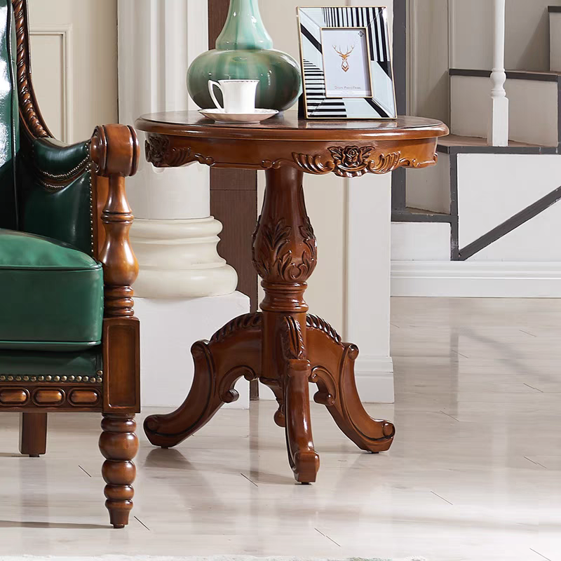 思图家具美式实木复古雕花圆边几雕刻边几欧式雕花边桌