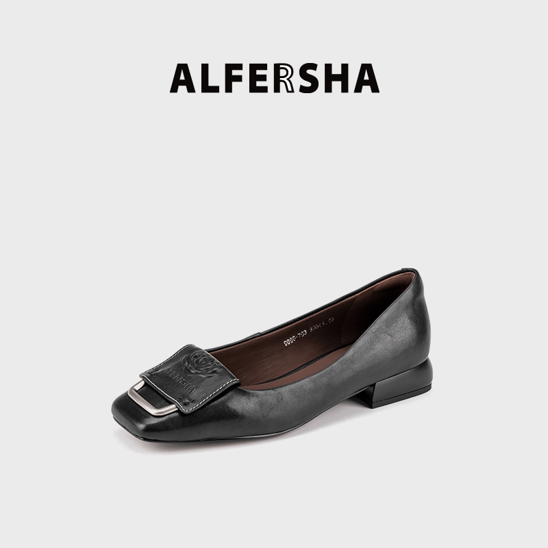 阿芙莎广系9688753新款百搭时尚气质单鞋压花浅口方头低跟鞋B