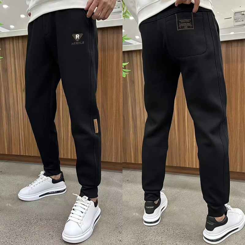 男裤2023秋冬纯色刺绣运动卫裤潮流百搭休闲裤宽松弹力中腰小脚裤