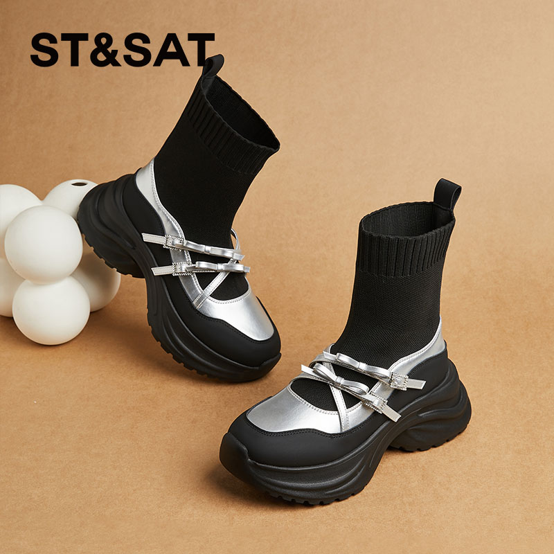星期六弹力瘦瘦靴女松糕短靴秋冬单靴学院风法式蝴蝶结玛丽珍袜靴