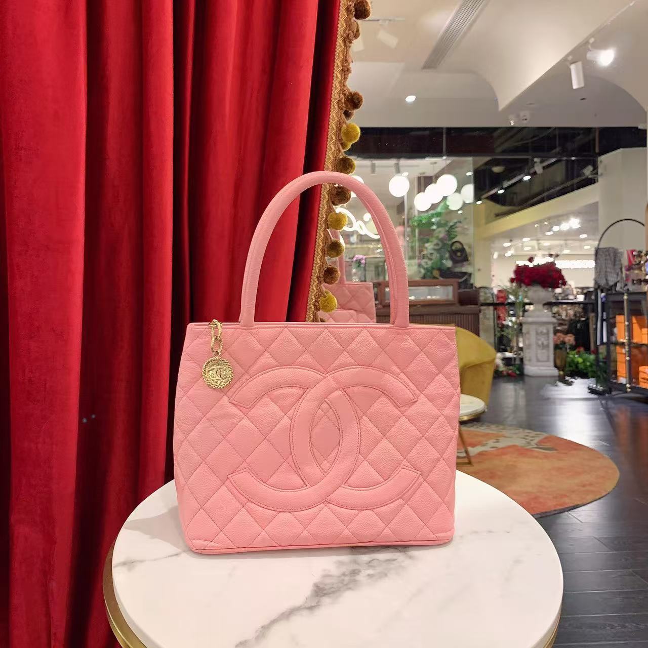 95新 Chanel/香奈儿 GGS 萌萌丨希尔顿粉色金扣荔枝牛 61330556