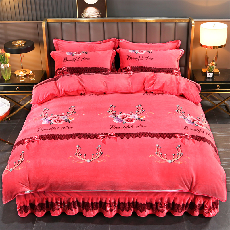 2025新品牛奶绒四件套保暖冬季床裙床单被套床上用品双面绒毛绒