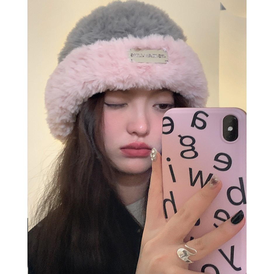 毛线帽女秋冬毛绒绒帽子百搭粉色包头显脸小冷帽保暖大头围针织帽