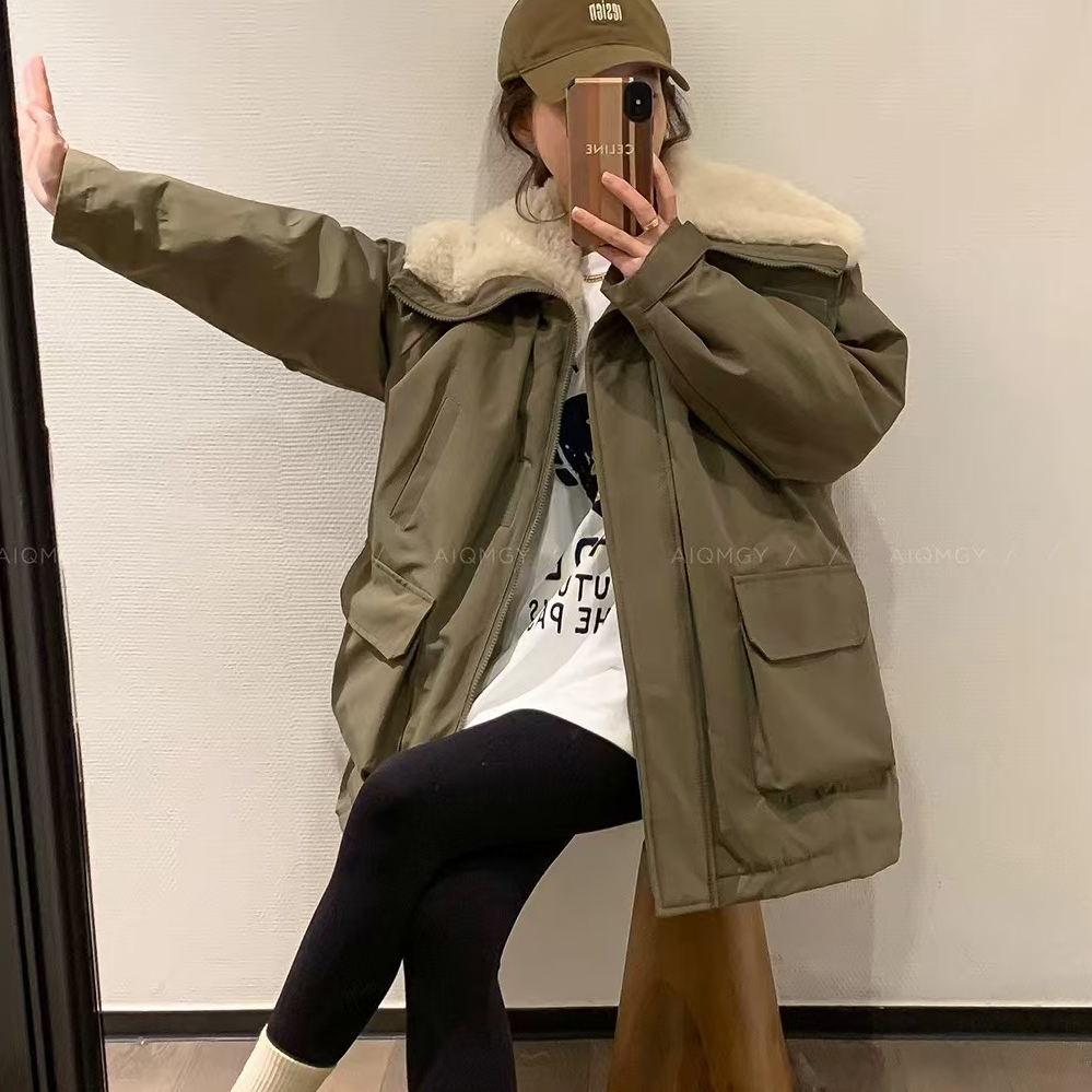 【露思同款】冬季新款时尚百搭洋气加厚内里毛绒拼接派克服上衣