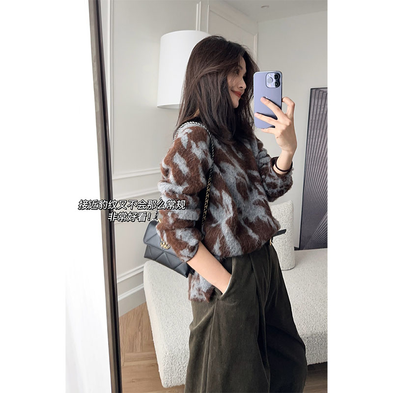 美洋MEIYANG 虎皮卷毛衣4支羊驼毛|小众复古提花圆领针织衫