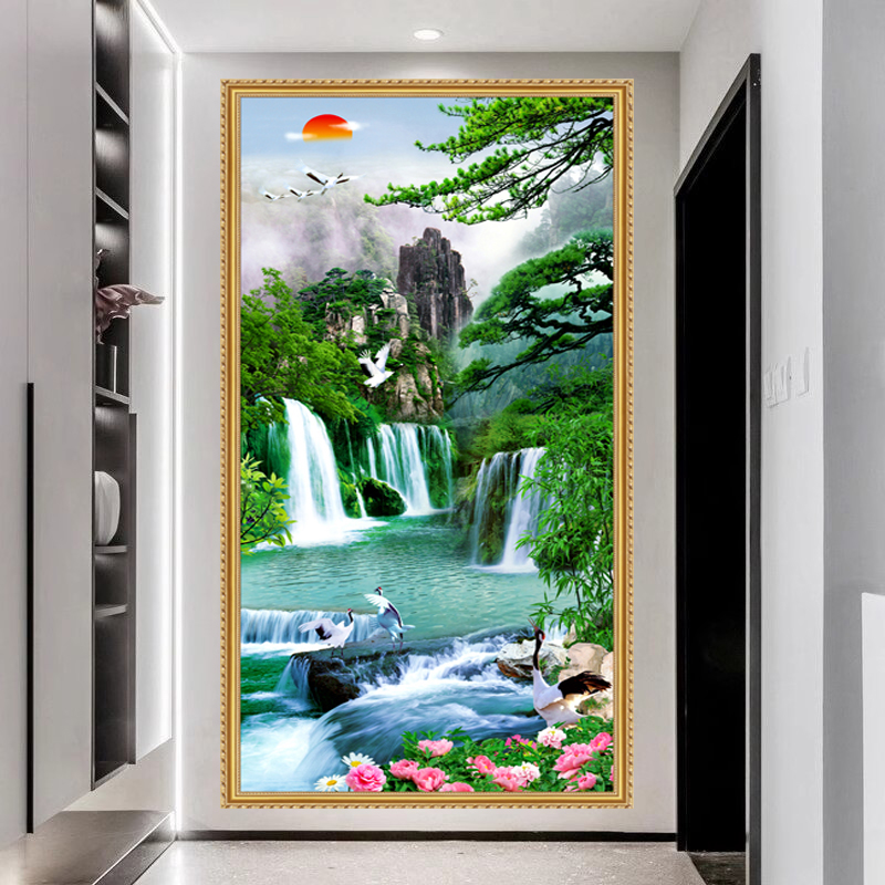 迎客松流水生财山水画挂画自粘墙纸客厅玄关装饰画旭日东升风水画