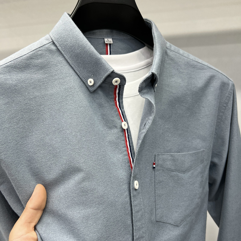 Tommy汤米秋冬牛津纺100%纯棉长袖衬衫男中青年纯色厚款休闲衬衣