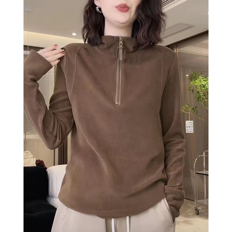 美拉德秋冬新款自发热德绒立领卫衣女高弹百搭打底衫叠穿上衣2023