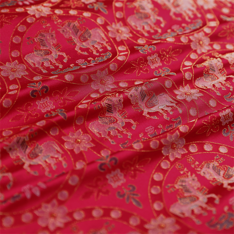 重磅真丝宋锦超宽幅桑蚕丝面料正红色团巢纹连珠纹唐风新中式布料